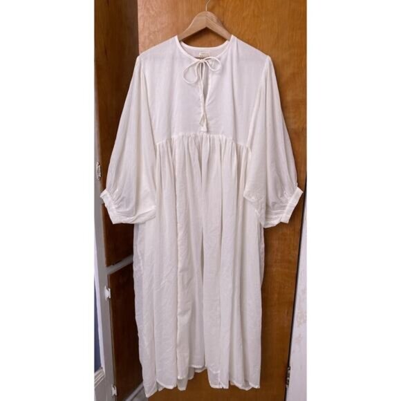 House Of Sundar Sara Midi Dress Snow White Indian Cotton Pockets Peasant Sz XL - Picture 1 of 7